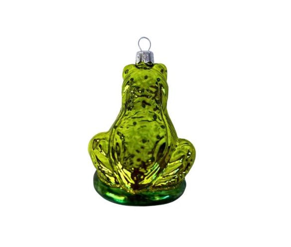 Suspension grenouille verte brillante assise nénuphar verre soufflé peint à la main yeux turquoise ventre argenté H8cm