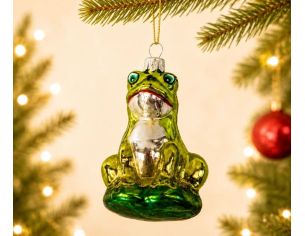 Suspension grenouille verte brillante assise nénuphar verre soufflé peint à la main yeux turquoise ventre argenté H8cm