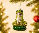 Voir la slide Suspension grenouille verte brillante assise nénuphar verre soufflé peint à la main yeux turquoise ventre argenté H8cm