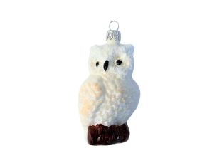 Suspension hibou blanc neigeux verre soufflé peint à la main plumes pailletées perché branche brune H8cm