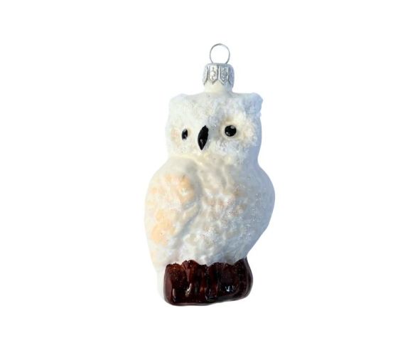 Suspension hibou blanc neigeux verre soufflé peint à la main plumes pailletées perché branche brune H8cm