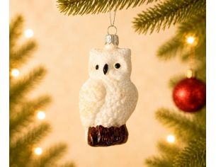 Suspension hibou blanc neigeux verre soufflé peint à la main plumes pailletées perché branche brune H8cm