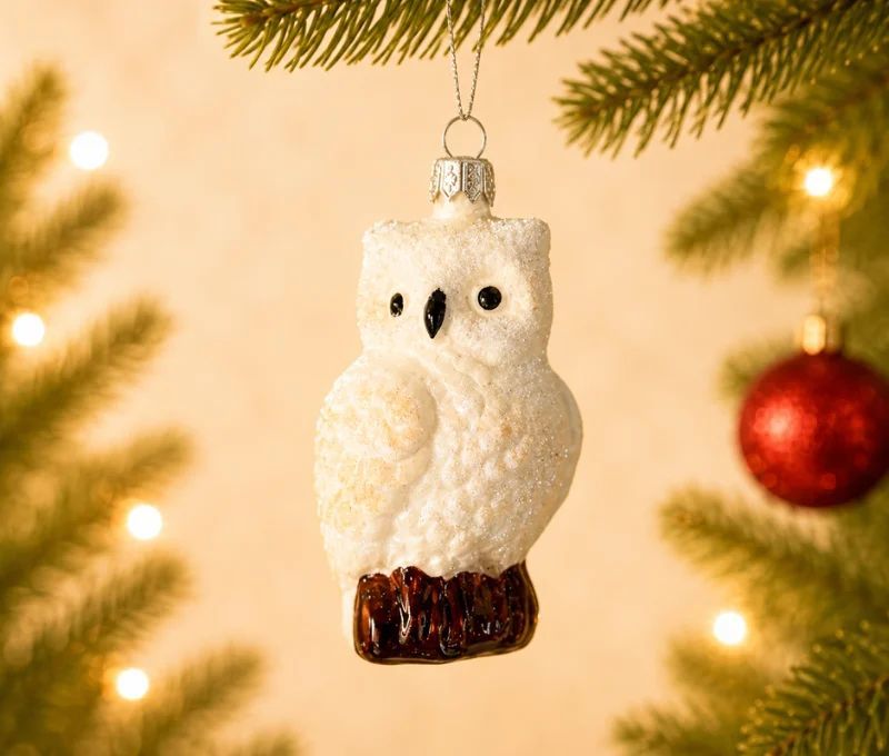 Suspension hibou blanc neigeux verre soufflé peint à la main plumes pailletées perché branche brune H8cm