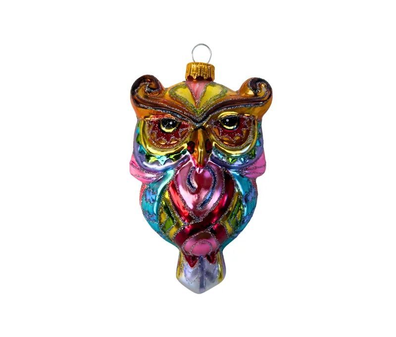 Suspension hibou en verre soufflé peint à la main multicolore brillant rose turquoise doré rouge pailleté H10cm