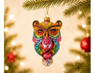 Suspension hibou en verre soufflé peint à la main multicolore brillant rose turquoise doré rouge pailleté H10cm