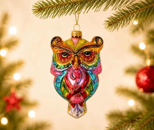 Suspension hibou en verre soufflé peint à la main multicolore brillant rose turquoise doré rouge pailleté H10cm