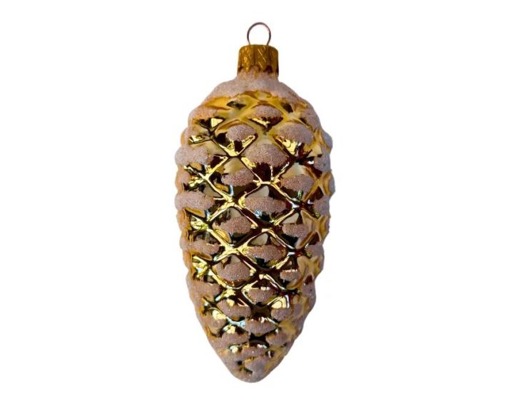 Suspension pomme de pin dorée brillante verre soufflé peint à la main écailles enneigées pailletées H12cm