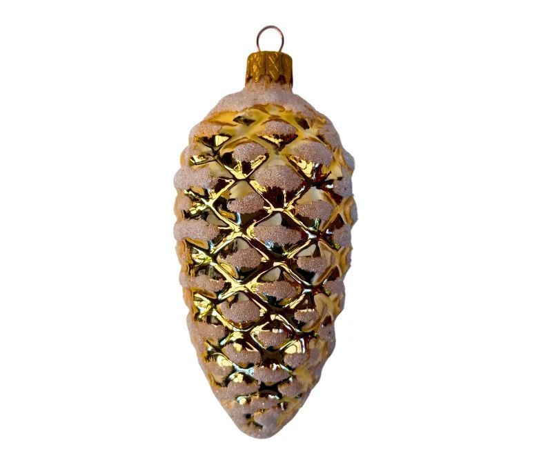 Suspension pomme de pin dorée brillante verre soufflé peint à la main écailles enneigées pailletées H12cm