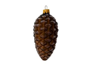 Suspension pomme de pin brune naturelle verre soufflé peint à la main écailles givrées pailletées capuchon doré H12cm