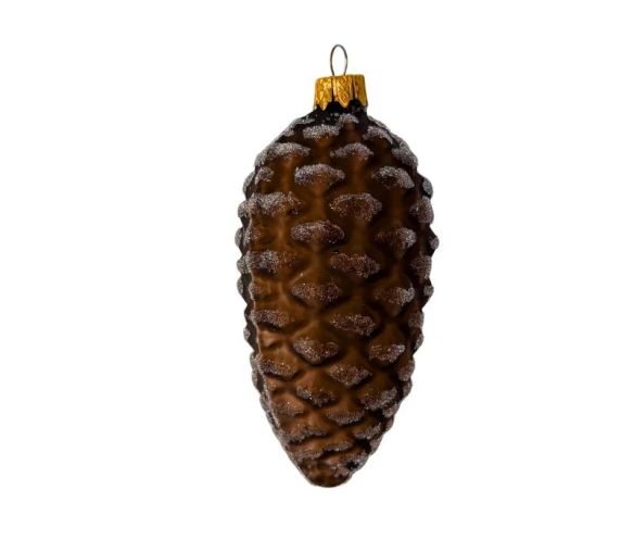 Suspension pomme de pin brune naturelle verre soufflé peint à la main écailles givrées pailletées capuchon doré H12cm