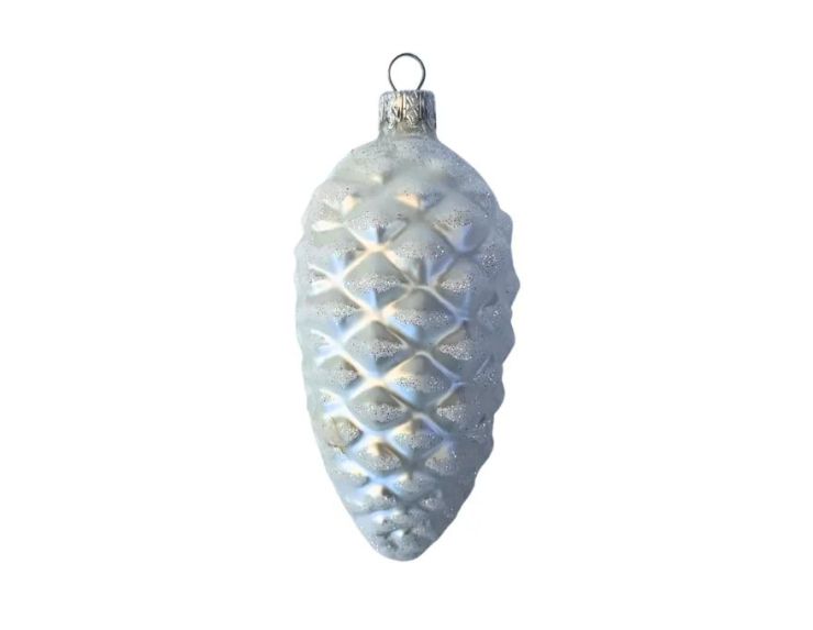 Suspension pomme de pin blanche enneigée verre soufflé peint à la main écailles givrées pailletées H12cm