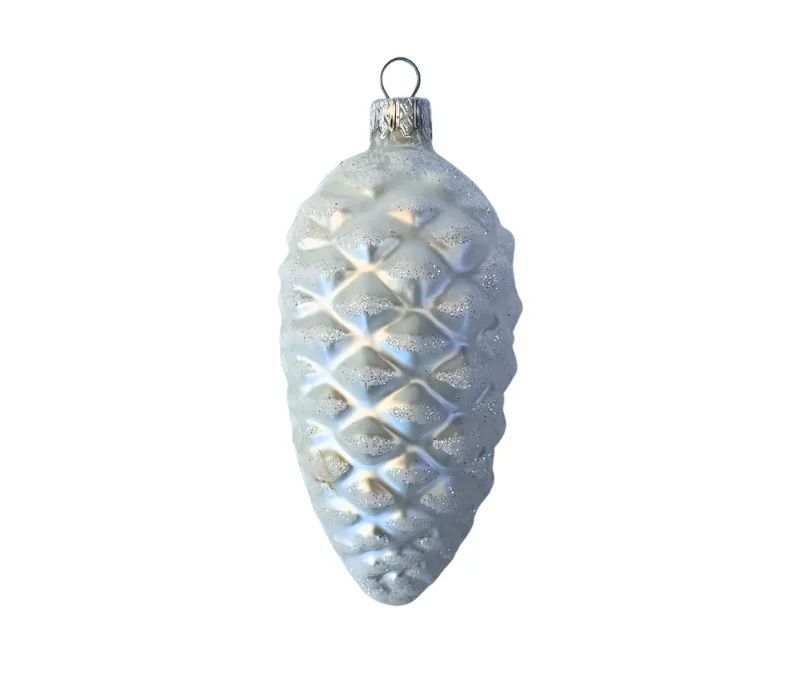 Suspension pomme de pin blanche enneigée verre soufflé peint à la main écailles givrées pailletées H12cm