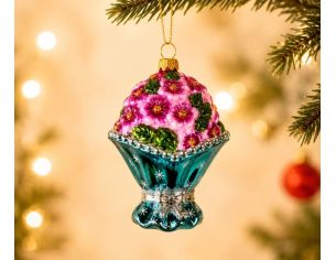 Suspension bouquet de fleurs roses verre soufflé peint à la main emballage bleu ardoise nœud H10cm