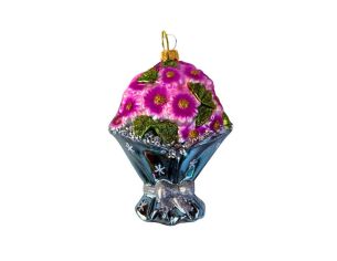 Suspension bouquet de fleurs roses verre soufflé peint à la main emballage bleu ardoise nœud H10cm