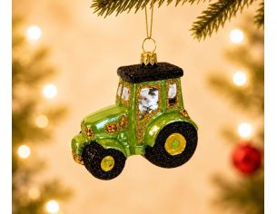 Suspension tracteur vert brillant verre soufflé peint à la main détails dorés pailletés roues noires jaunes H6cm