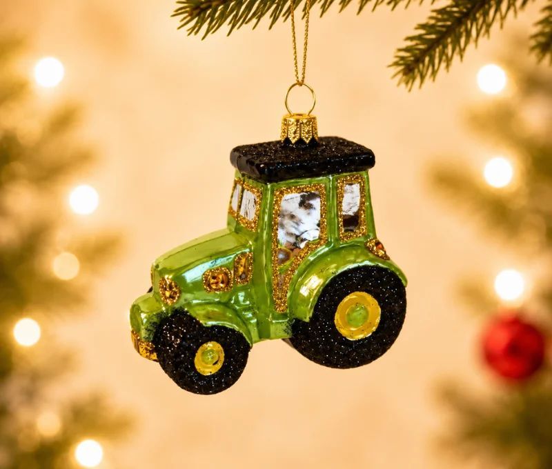 Suspension tracteur vert brillant verre soufflé peint à la main détails dorés pailletés roues noires jaunes H6cm