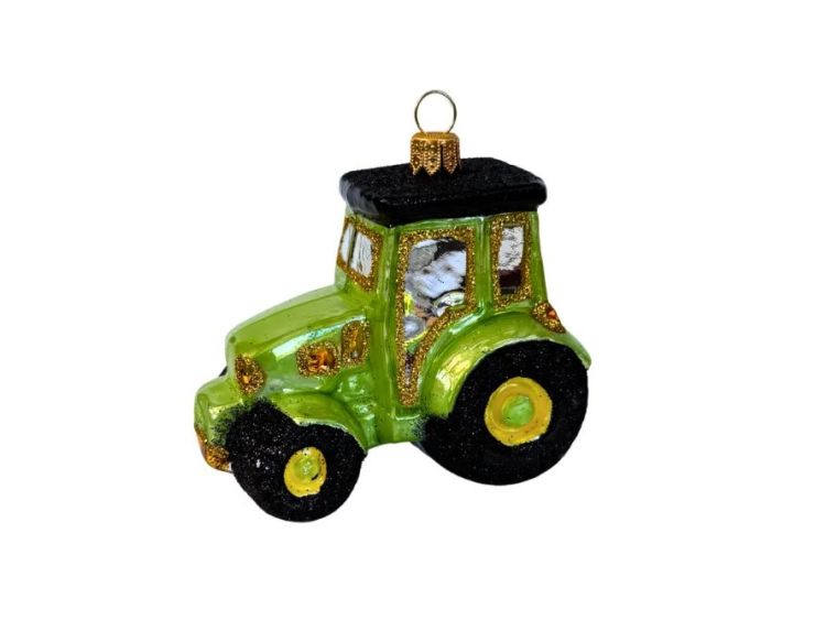 Suspension tracteur vert brillant verre soufflé peint à la main détails dorés pailletés roues noires jaunes H6cm