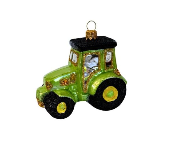 Suspension tracteur vert brillant verre soufflé peint à la main détails dorés pailletés roues noires jaunes H6cm