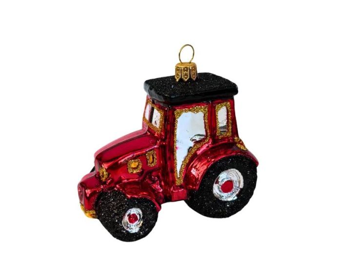 Suspension tracteur rouge brillant verre soufflé peint à la main détails dorés pailletés roues noires jantes argentées H6cm