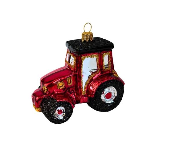 Suspension tracteur rouge brillant verre soufflé peint à la main détails dorés pailletés roues noires jantes argentées H6cm