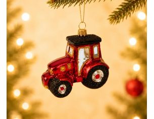 Suspension tracteur rouge brillant verre soufflé peint à la main détails dorés pailletés roues noires jantes argentées H6cm