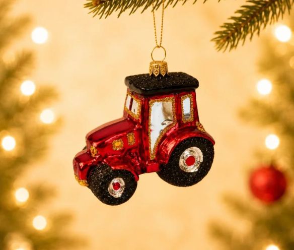 Suspension tracteur rouge brillant verre soufflé peint à la main détails dorés pailletés roues noires jantes argentées H6cm