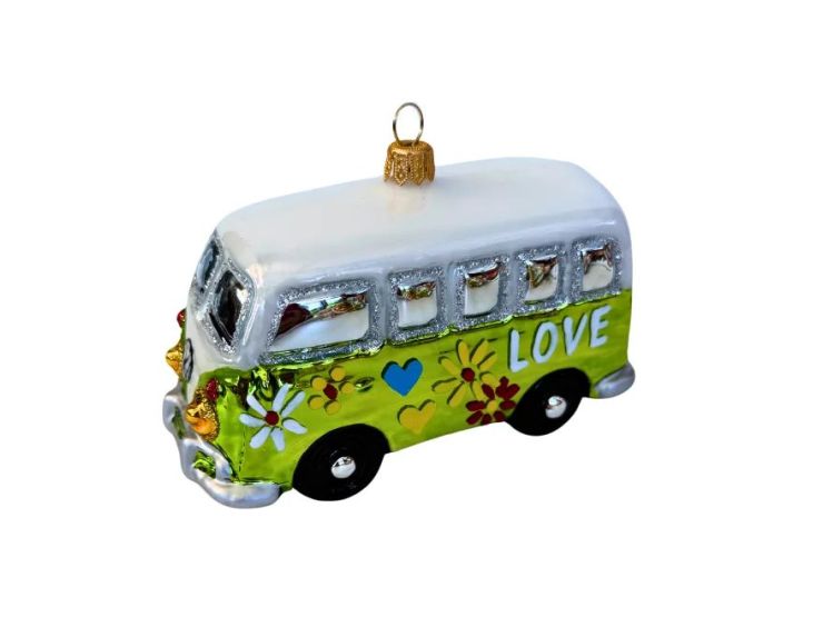 Suspension van hippie vert verre soufflé peint à la main motifs fleurs cœurs inscription LOVE toit blanc H5cm