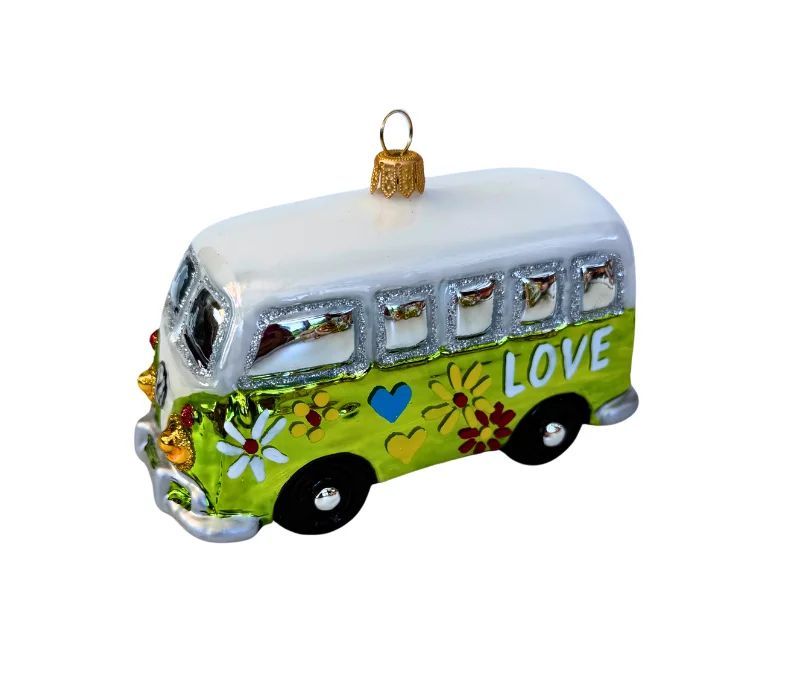 Suspension van hippie vert verre soufflé peint à la main motifs fleurs cœurs inscription LOVE toit blanc H5cm