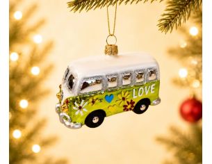 Suspension van hippie vert verre soufflé peint à la main motifs fleurs cœurs inscription LOVE toit blanc H5cm