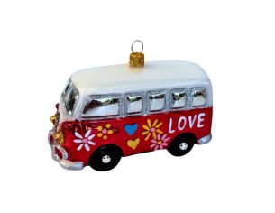 Suspension van hippie rouge verre soufflé peint à la main motifs fleurs cœurs inscription LOVE toit blanc H5cm