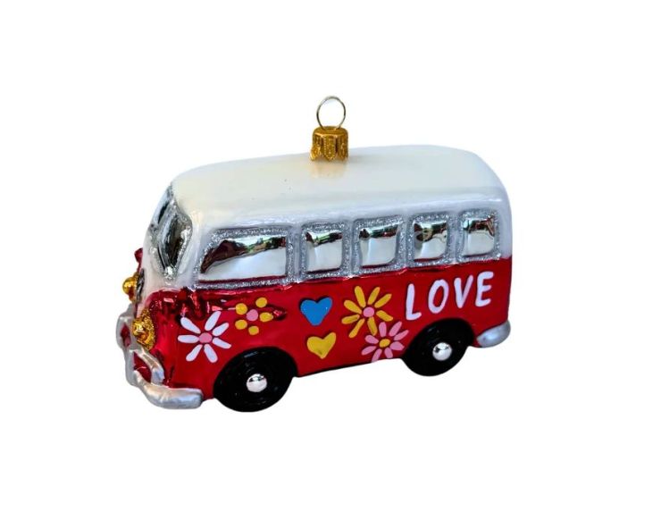 Suspension van hippie rouge verre soufflé peint à la main motifs fleurs cœurs inscription LOVE toit blanc H5cm