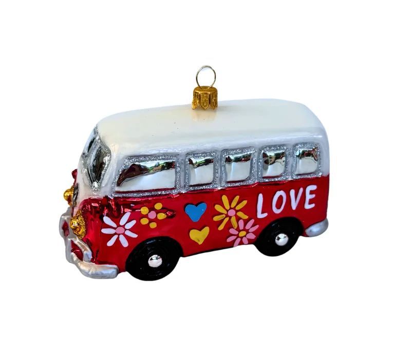 Suspension van hippie rouge verre soufflé peint à la main motifs fleurs cœurs inscription LOVE toit blanc H5cm