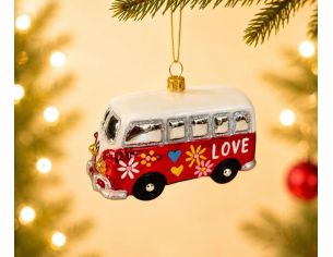 Suspension van hippie rouge verre soufflé peint à la main motifs fleurs cœurs inscription LOVE toit blanc H5cm