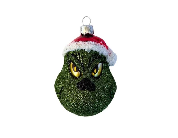 Boule de Noël Grinch en verre soufflé visage vert pailleté yeux jaunes bonnet rouge bordé blanc H10cm