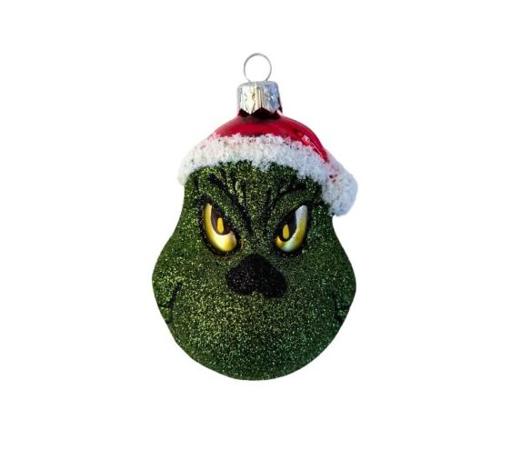 Boule de Noël Grinch en verre soufflé visage vert pailleté yeux jaunes bonnet rouge bordé blanc H10cm