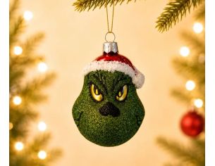 Boule de Noël Grinch en verre soufflé visage vert pailleté yeux jaunes bonnet rouge bordé blanc H10cm