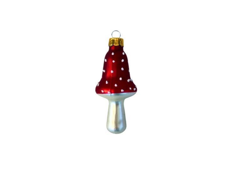 Suspension champignon amanite verre soufflé peint à la main chapeau rouge à pois blancs pied argenté H7cm
