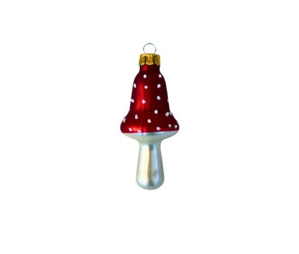 Suspension champignon amanite verre soufflé peint à la main chapeau rouge à pois blancs pied argenté H7cm
