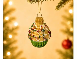 Suspension cupcake Noël verre soufflé peint à la main glacage doré pailleté perles multicolores caissette verte H5cm