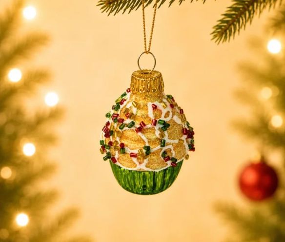 Suspension cupcake Noël verre soufflé peint à la main glacage doré pailleté perles multicolores caissette verte H5cm