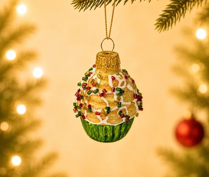 Suspension cupcake Noël verre soufflé peint à la main glacage doré pailleté perles multicolores caissette verte H5cm