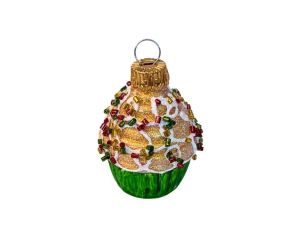 Suspension cupcake Noël verre soufflé peint à la main glacage doré pailleté perles multicolores caissette verte H5cm