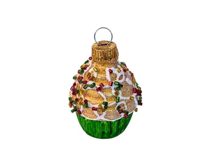 Suspension cupcake Noël verre soufflé peint à la main glacage doré pailleté perles multicolores caissette verte H5cm