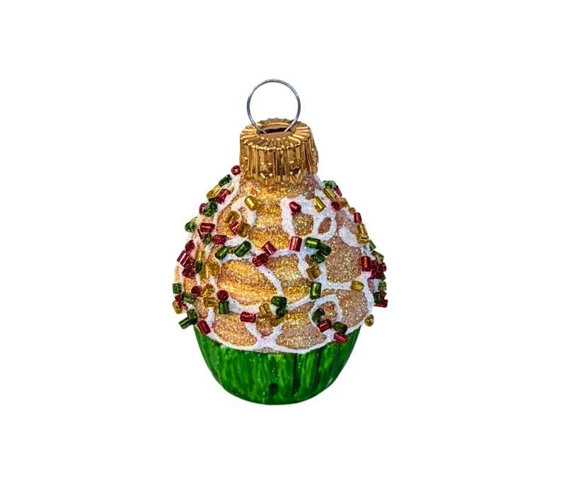 Suspension cupcake Noël verre soufflé peint à la main glacage doré pailleté perles multicolores caissette verte H5cm