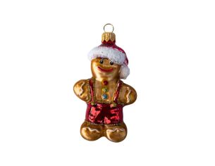Suspension bonhomme pain d'épices verre soufflé peint à la main salopette rouge bonnet Noël dorée pailletée H12cm