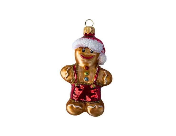 Suspension bonhomme pain d'épices verre soufflé peint à la main salopette rouge bonnet Noël dorée pailletée H12cm