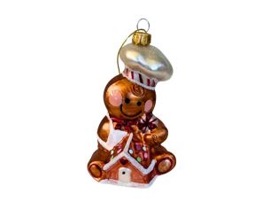 Suspension bonhomme pain d'épices cuisinier verre soufflé peint à la main toque  H14cm