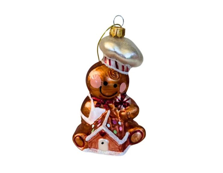 Suspension bonhomme pain d'épices cuisinier verre soufflé peint à la main toque  H14cm