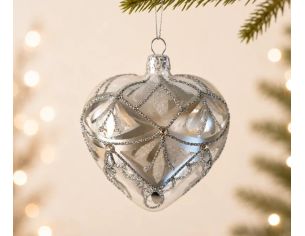 Suspension cœur en verre soufflé translucide argenté motifs dentelle pailletés pierres dorées H10cm