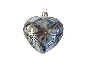 Suspension cœur en verre soufflé translucide argenté motifs dentelle pailletés pierres dorées H10cm